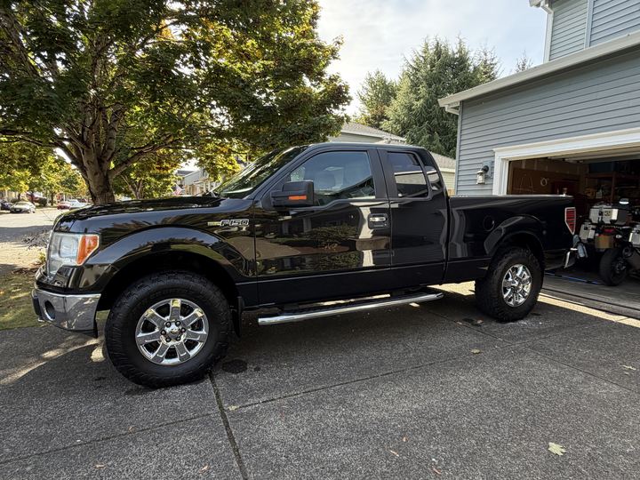 Side profile of the detailed black Ford F-150 parked in a driveway, paint reflecting the trees